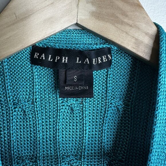 RALPH Lauren Black Label 100% silk Green Blue Cable Knit V Neck Cardigan Small - Picture 6 of 13